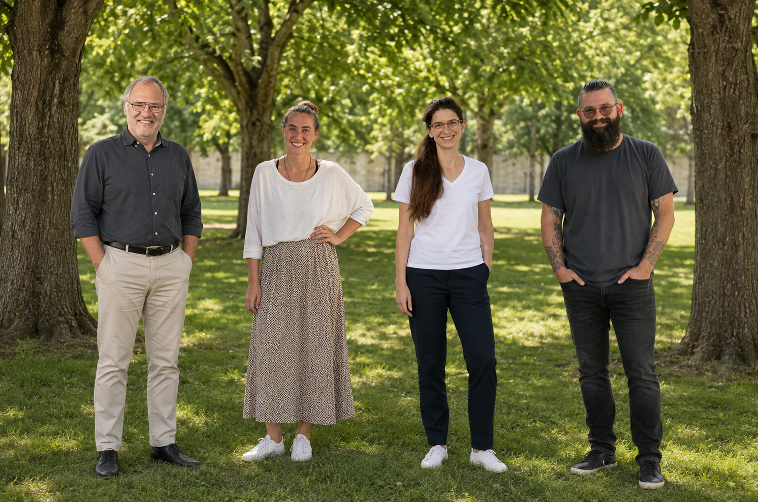 Gruppenbild des Vereinsvorstands von Lernvielfalt Graubünden mit vier Personen im Freien
